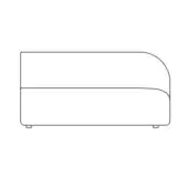 Bench line drawing, gray, rectangular form with rounded right end, square legs, horizontal division, technical illustration, product ID below.