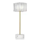 Table lamp, white ceramic base, gold stem, vertically corrugated translucent lampshade, cylindrical form, studio product shot.