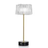 Accordion table lamp, black base, with pleated translucent shade and polished brass cylindrical stem, minimalist modern design.
