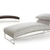 Exceptional Erba Forever Young chaise lounge with curved form upholstered in light gray and beige geometric fabric with a powder-finished metal base