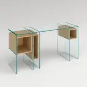 Exceptional Tonelli Design Marcell desk with extra clear welded glass and Eucalipto wooden storage units
