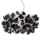 Chandelier, black translucent acrylic, organic cloud shape with silver wire support and reflective inner petals, studio lighting.