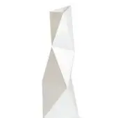Slamp diamond floor lamp, white molded plastic, faceted triangular planes forming an asymmetrical, angular crystalline structure with dark rectangular base.