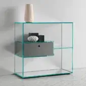 Exceptional Tonelli Design Liber console crafted in extra clear glass with mirrored base and matte gray drawer