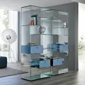 Exclusive Tonelli Design Liber bookcase with clear glass structure and light blue drawers offering a minimalist aesthetic