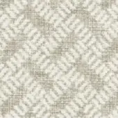 Geometric fabric swatch, off-white and beige, features a repeating leaf-like pattern in horizontal rows with a textured, nubby weave.