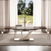 Innovative Reflex Archimede table with Wood glass tabletop showcasing a striped pattern and glossy finish, built with cream leather and matte titanium