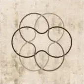Overlapping circles in dark brown on textured beige background, creating a star-like center with varying sizes and shadowed intersections.