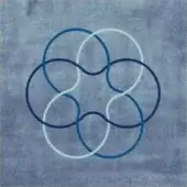 Overlapping circles in blue and off-white arranged symmetrically on a mottled gray background, forming an interconnected network with subtle text.