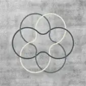 Overlapping circles in dark gray and pale cream create a floral pattern on a textured gray background with a mottled, stone-like appearance.