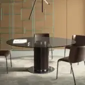 Superior Tonelli Design Hybrid table with sleek glass and dark wood slats built upon a polished metal platform