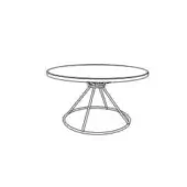 Coffee table black and white line drawing, circular tabletop, metal base with three angled legs, minimalist geometric design.
