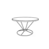 Coffee table black and white line drawing, circular tabletop, three angled metal legs, slender geometric base, technical illustration.
