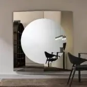 Innovative Tonelli Design Central mirror with overlapping circular and square mirrored panels in reflective light beige to tan