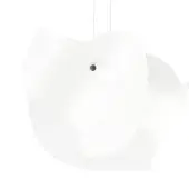 White pendant lamp, translucent layered material, organic curvilinear shape with a matte finish and centered dark fixture.