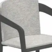 Dining chair, dark gray metal frame, curved armrests, light gray textured fabric upholstery, rectangular padded backrest, minimalist design.