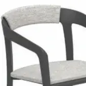 Dining chair, dark gray metal frame, curved back with light gray textured fabric upholstery and integrated armrests, modern minimalist design.