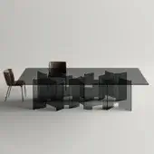 Distinguished Tonelli Design Metropolis table with a smoked glass base and sleek rectangular glass top built with meticulous welding