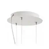 White pendant light canopy, circular shape, layered discs, three clear suspension cables, matte finish, studio product shot.