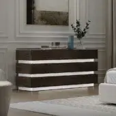 Distinguished Reflex Luce dresser in dark brown wood with extra-clear etched tempered glass and sleek white accents