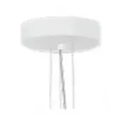Ceiling light, white plastic, large circular shade with ridged texture suspended by three silver wires, minimalist modern design.