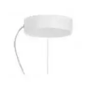 Wall-mounted lamp, white plastic, circular shade with thin cord and vertical support, studio product shot, minimalist design.