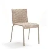 Dining chair, beige woven fabric, rectangular backrest, and slender light beige metal legs with rounded feet, minimalist design.
