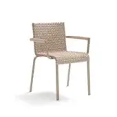 Woven dining chair, beige synthetic fiber, metal frame; minimalist design with angled back, grid texture, and splayed legs against white backdrop.