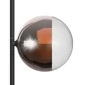 Spherical lamp with copper and clear glass, featuring a mottled finish and black metal rod, minimalist modern design.