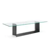 Superior Tonelli Design T5 table with clear glass top and dark grey lacquered U-shaped metal base
