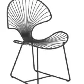 Black metal chair with radiating openwork backrest and seat, featuring a curved form and angled legs on a white background.