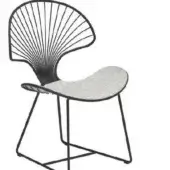 Accent chair, black metal frame, radiating backrest rods, light gray upholstered seat, minimalist design, angled X-shaped legs.