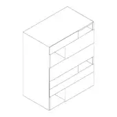 Dresser line drawing, white background, modular design with stacked drawers and cubbies, rectangular form, minimalist aesthetic.