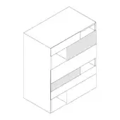 Dresser model B, white isometric illustration, rectangular form with stacked compartments, gray horizontal bands, modern rectilinear design.