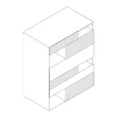 Dresser line drawing, white background, rectangular form with three drawers, light gray accents, modern minimalist style, layered aesthetic.