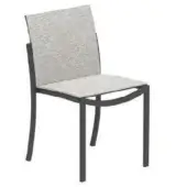 Dining chair, dark gray metal frame, light gray woven fabric upholstery, curved back and legs, minimalist modern design, studio shot.