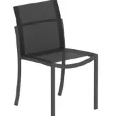 Outdoor dining chair, gray metal frame, black mesh seat and back, curved legs, minimalist design, studio product shot.