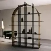 Elegant Tonelli Design Paradigma bookcase with smoked glass shelves and brushed black metal grid frame