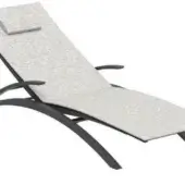 Outdoor lounger, dark gray metal frame, light gray linen fabric, curved armrests, arched supports, reclining posture, matte finish.
