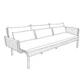 Keywest Composition B sofa, black and white line drawing, rattan frame, rectangular seat, square cushions, cylindrical metal legs.