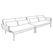 Keywest Composition C sofa, woven light fiber, rectilinear three-section design with gray cushions, tapered dark legs, studio setting.