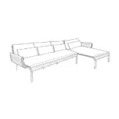 Outdoor sectional sofa, rattan frame, L-shape, beige cushions, silver legs, minimalist design, studio product shot, white background.