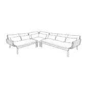 Curved sectional sofa with woven dark metal frame, light gray square cushions, and modular L-shape configuration for contemporary outdoor seating.