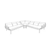 Modular sectional sofa, woven rattan frame, L-shape configuration with rectangular cushions and slender metal legs, studio shot.