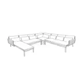 Modular outdoor sectional sofa, woven rattan frame, L-shape with chaise lounge, metal legs, rectangular cushions, contemporary design.