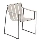 No Cover Strappy Armchair, dark gray metal frame, light beige woven straps, minimalist rectangular design, slender angular silhouette.
