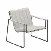 Lounge chair, dark gray metal frame, light gray woven fabric upholstery, rectangular shape, vertical stripes, minimalist design, studio shot.