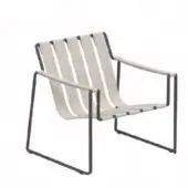 Lounge chair, dark gray metal frame, light beige straps, minimalist rectangular design, studio shot, contemporary matte finish.