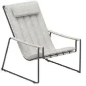 Lounger chair, light gray textured fabric, black metal frame with angled legs and vertical strap detailing, reclined backrest.
