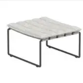 Footrest with light gray woven cushion on black metal frame, featuring horizontal straps and curved square base, studio shot.